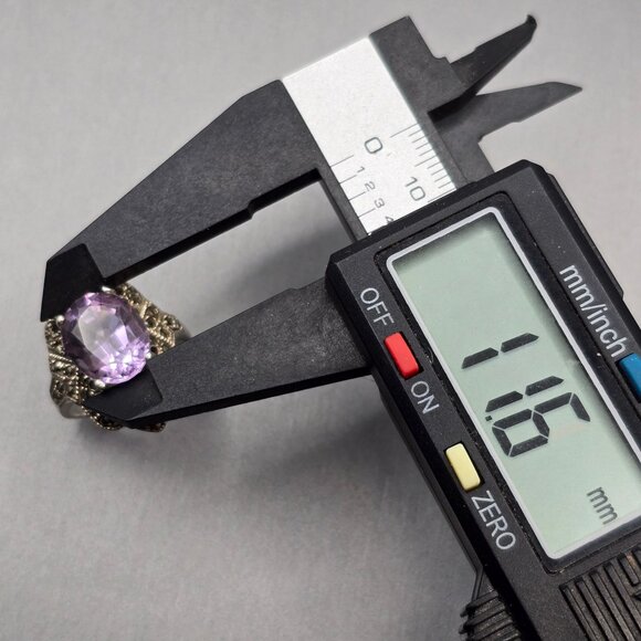 VTG Sterling Silver Amethyst Marcasite Cocktail Ring Size 6.5 Signed TH Art Deco - Picture 10 of 13